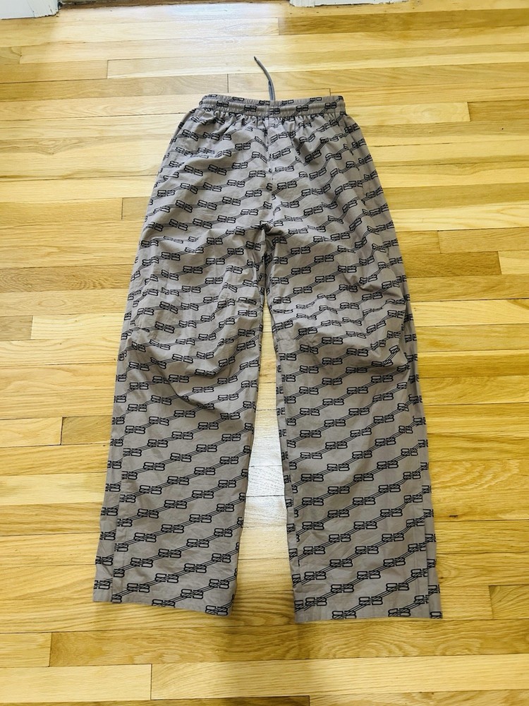 Balenciaga UNIFIT XS Beige Black Logo Print Monogram Track Pants Mesh Drawstring