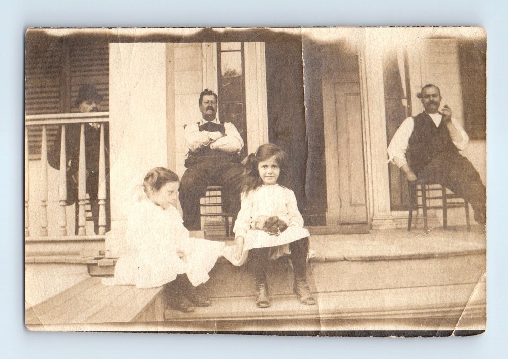 Old Vintage Photo MEN SMOKING TOBACCO PIPE GIRLS FRONT PORCH ANTIQUE SNAPSHOT
