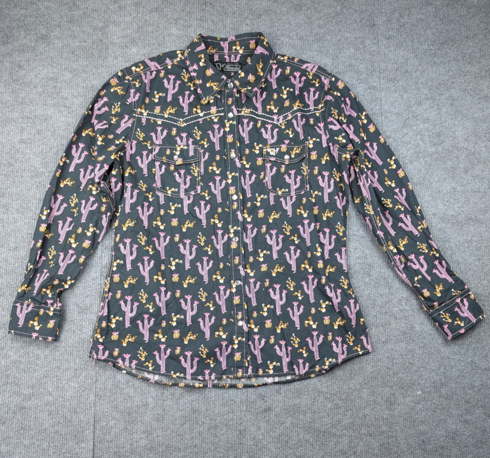 Cowgirl Hardware Pearl Snap Shirt Womens Large Western Novelty Cactus Rodeo Work