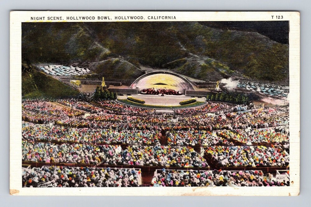 Hollywood CA- California, Night Scene, Aerial Hollywood Bowl, Vintage Postcard