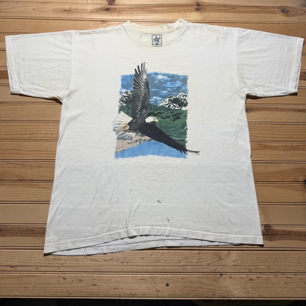 Vintage 90s Bald Eagle Wildlife Mountains Scenic Nature Graphic T-Shirt USA - XL