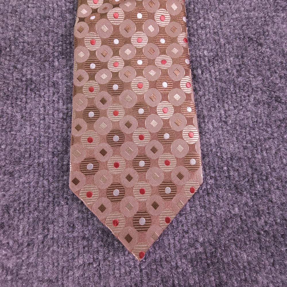 Geoffrey Beene Tie Handmade 100% Silk Brown Red Circles Geometric