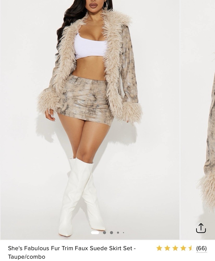 Fashion Nova Fur Trim Faux Suede 2 Piece Set XL Taupe Skirt Jacket Long Sleeve