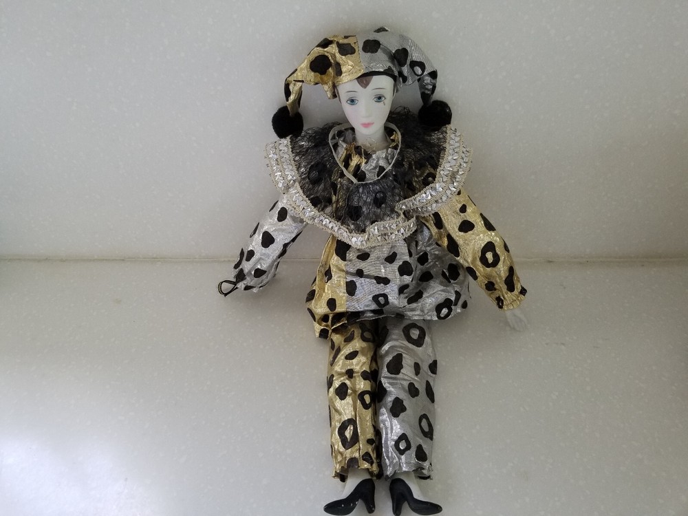 Harlequin Jester Clown Doll 17in Porcelain Face Gold Silver Outfit Handcrafted