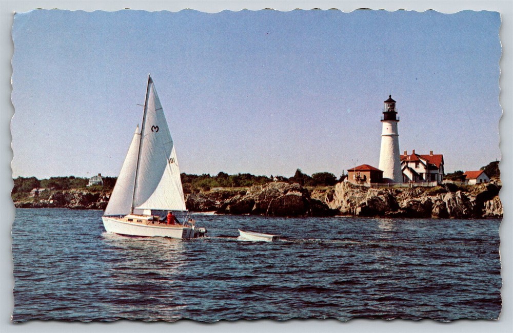Maine Portland Lighthouse Sailboat Postcard, C4