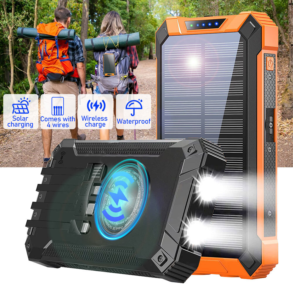 36000mAh Solar Power Bank with 15W Wireless Fast Charging and 4 Built-in Cables