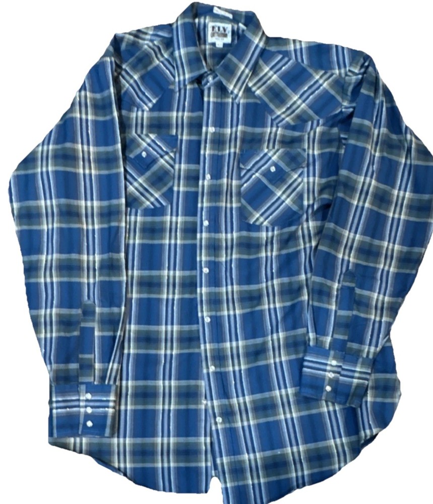 Ely Cattleman Men’s XLT Blue Plaid Western Pearl Snap Shirt Long Sleeve