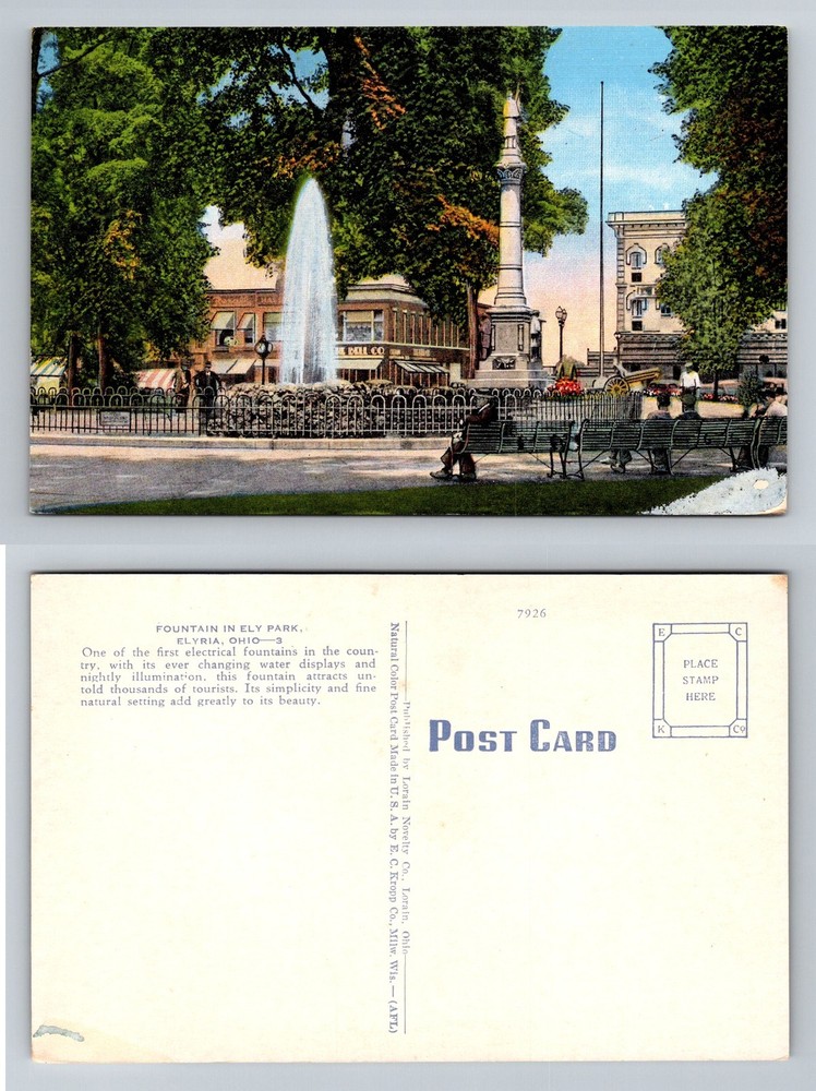 Elyria, OH-Ohio, Fountain in Ely Park Electric Water Display Vintage Postcard