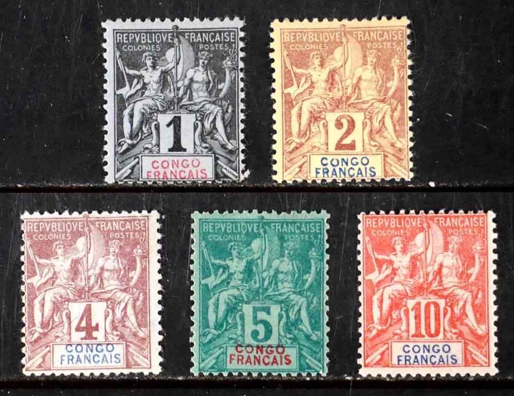 French Congo, France: 1892 - 1900 Unused Classic Stamps Scott #18-21,23 Sound