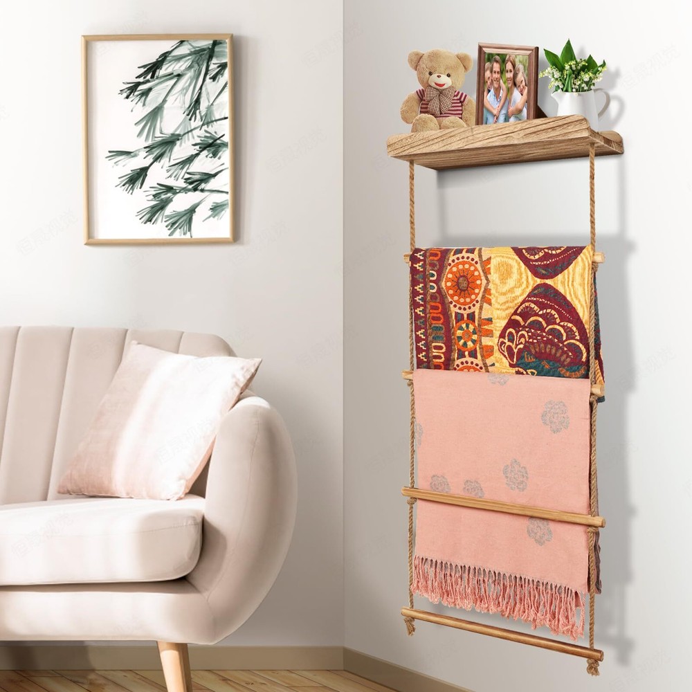 Blanket Ladder Wooden 5-Tier, 2-in-1 Towel Racks & Blanket Ladders Quilt Rack...