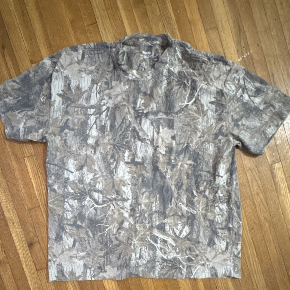 Hollister Heavyweight Boxy Fit Camouflage Crew Neck T-Shirt XL Brown Gray Cotton