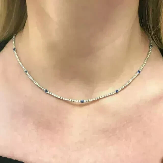 3MM Round Lab Created Sapphire Women's Choker Necklace 14K White Gold Plated 18