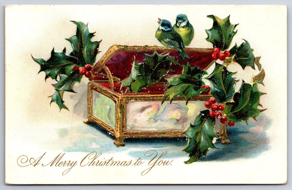 TUCK~Merry Christmas~Golden Chest W/ Holly & Colorful Birds~Emb~Vintage PC