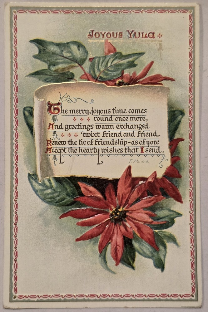 Vintage Postcard Embossed Raphael Tuck Christmas Joyous Yule Scroll Flowers