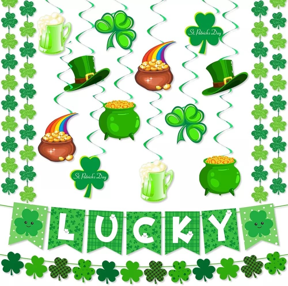 30Pcs St Patricks Day Decorations Lucky Banner Shamrock Garland and Green