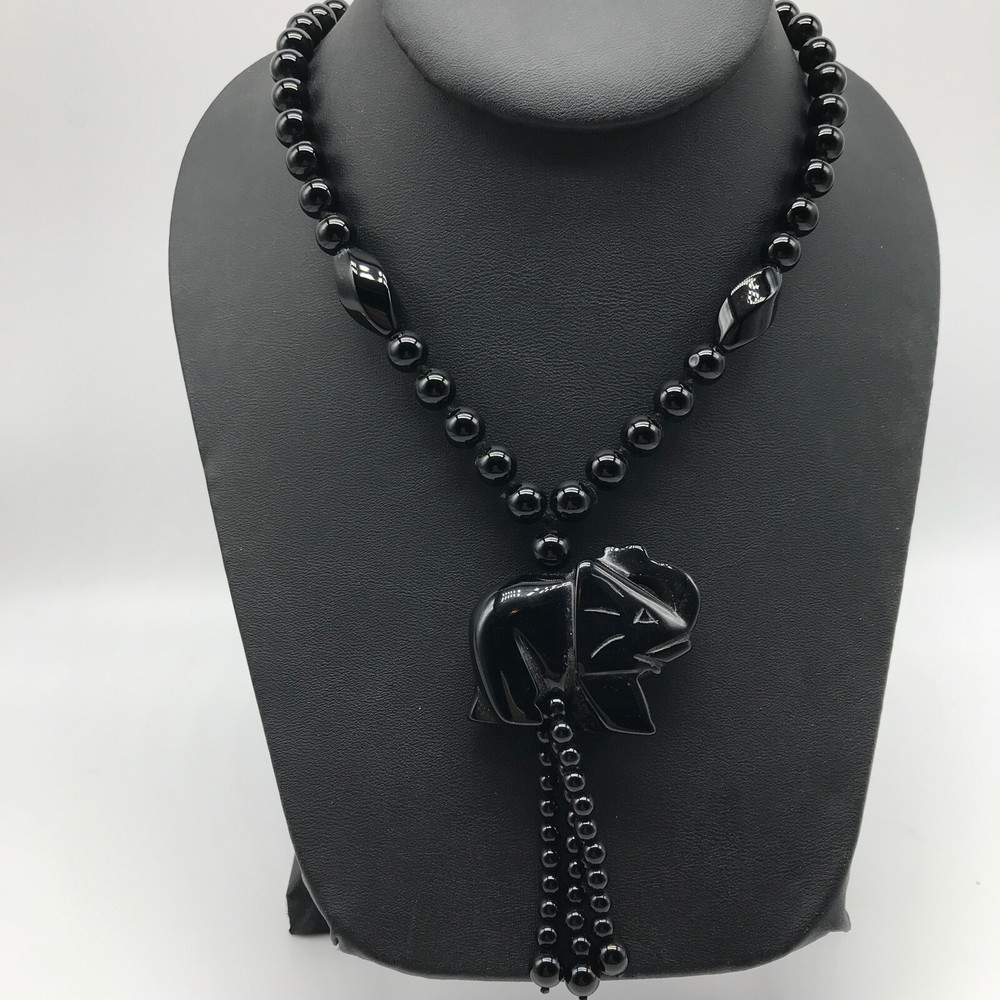 Vintage Black Onyx Beaded Elephant Carved Statement Necklace