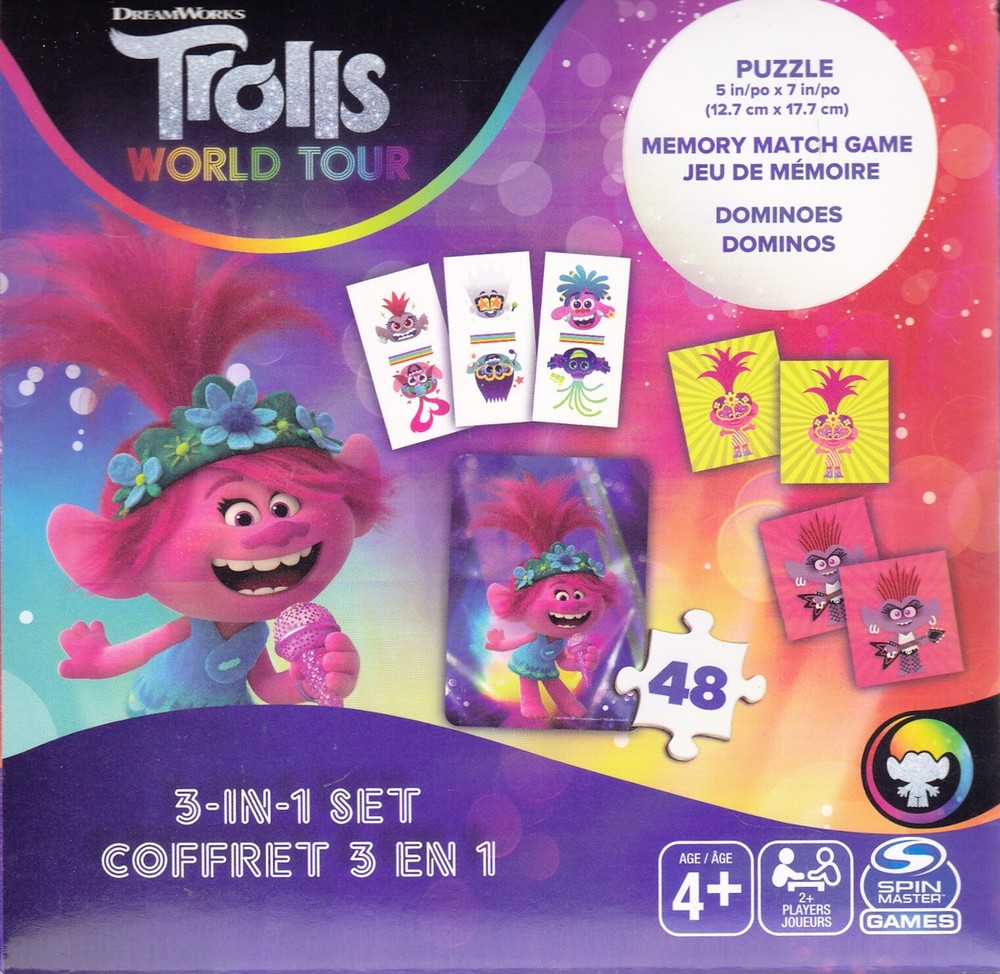 Games 3 in 1 TROLLS WORLD TOUR Puzzle Memory Match Dominos Educational Learning
