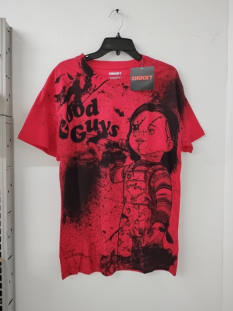 red graphic tee featuring Chucky from Child's Play