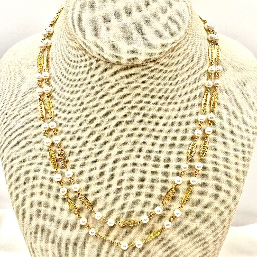Vintage Trifari GoldTone Necklace 1970s 2 Strand Faux Pearl Link Filigree U