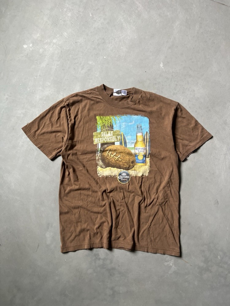 Men's Corona Extra Beer T-Shirt Vintage Y2K, Size XL, Brown, Short Sleeve