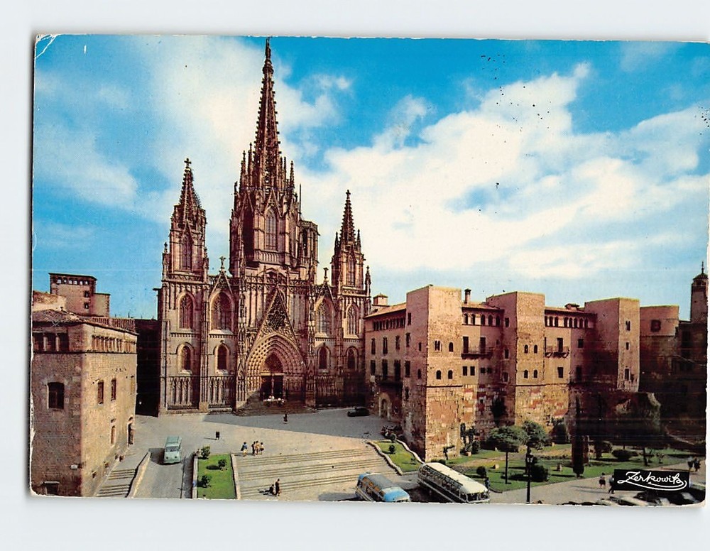 Postcard Cathedral and Roman ramparts Barcelona Spain
