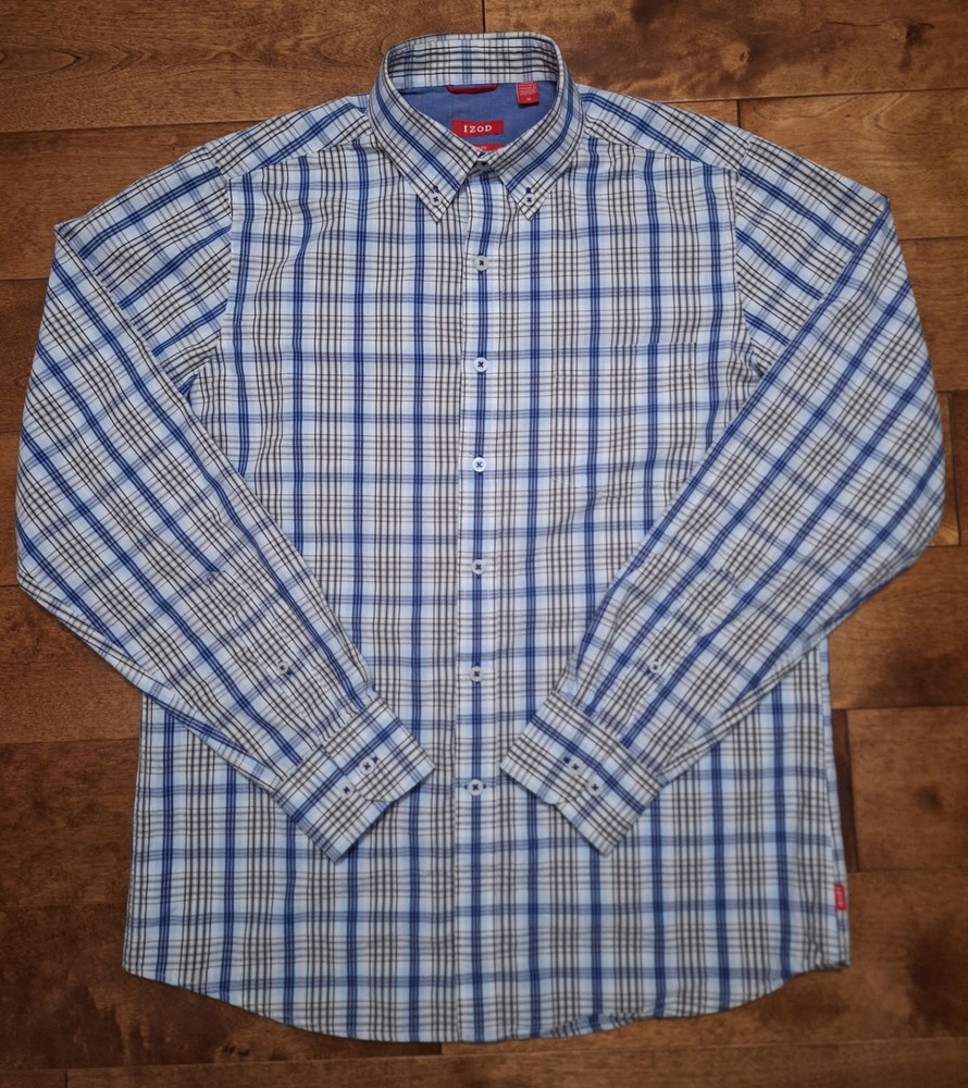 Izod Men's Medium Blue Plaid Slim-Fit Long Sleeve Button Down Shirt Casual EUC