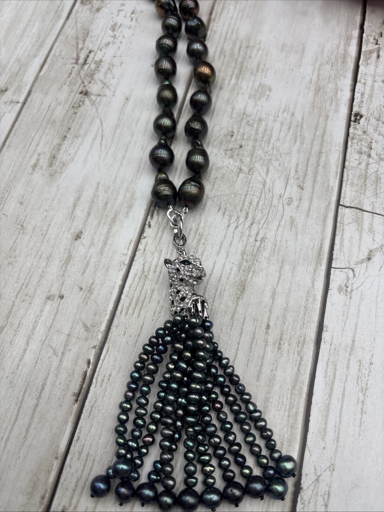 Black Tahitian Pearl Tassel Necklace with Silver Tone Panther Head Detail