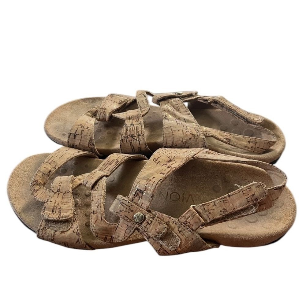 Vionic Womens Paros Cork Leather Tan Strappy Sandals Flat Slingback Size 8 EU 39