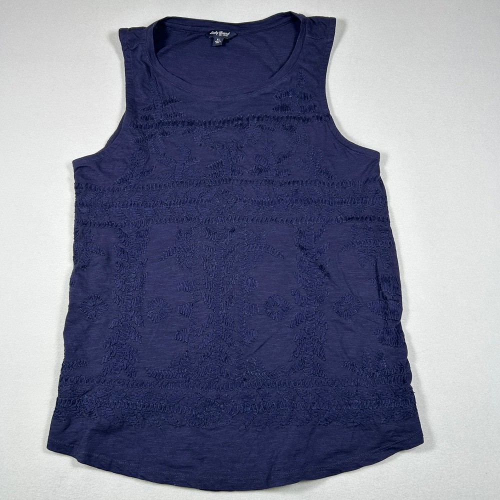 Lucky Brand Womens XL Navy Blue Embroidered Sleeveless Tank Top Boho Floral