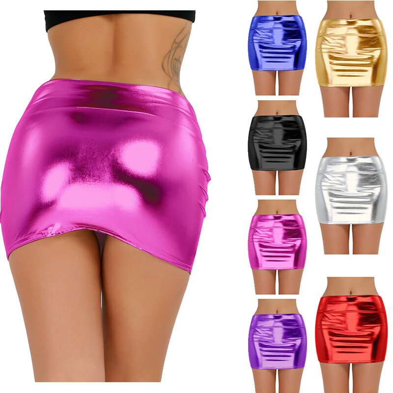 Sexy Women Metallic Leather Bodycon Mini Short Skirt Pencil Party Dress Clubwear