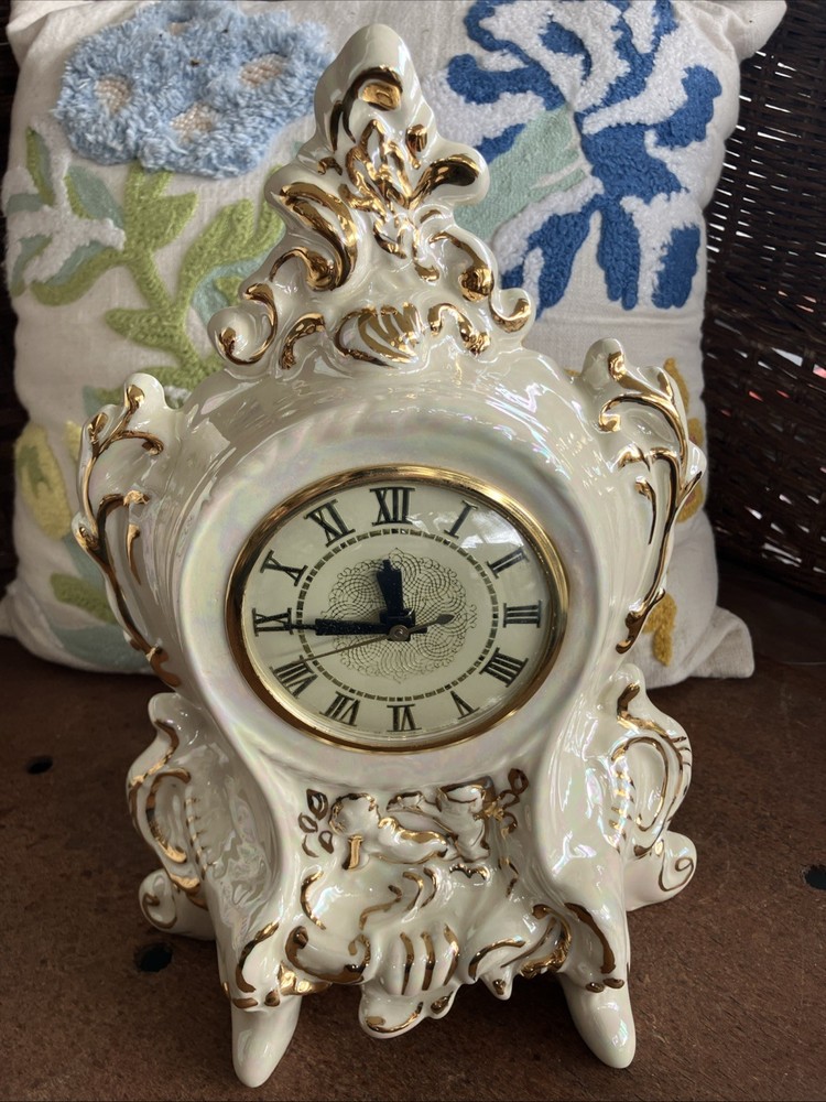 Vintage Lanshire Porcelain Footed Mantle Clock Cherubs Ornate