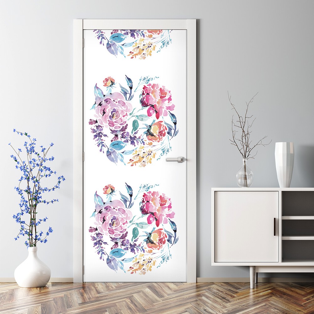 Decal Watercolour Floral Of Red Roses Colourful Nature Bubble Free Door sticker