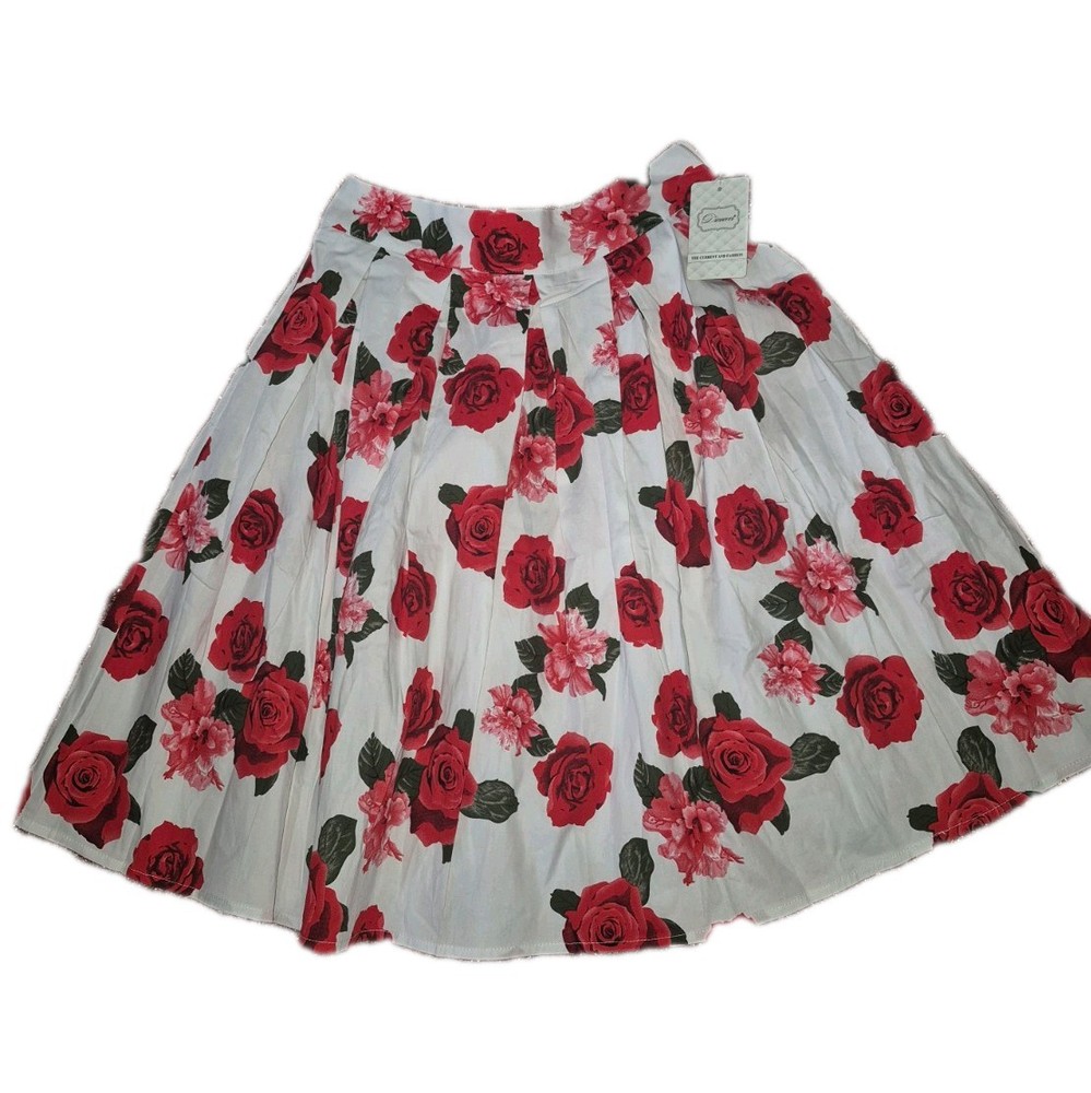 Dresever Pleated Floral A-Line Midi Skirt S White Red Green Pink Cotton Blend