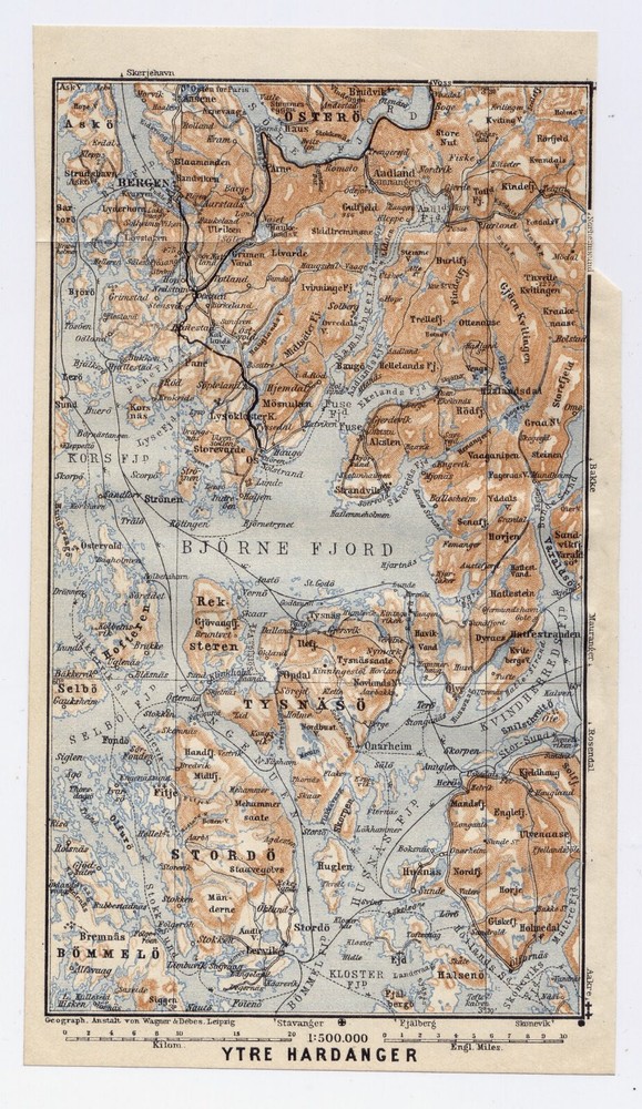 1912 Original Antique Map Of Vicinity Of Bergen / Hardanger Bjornafjorden Norway