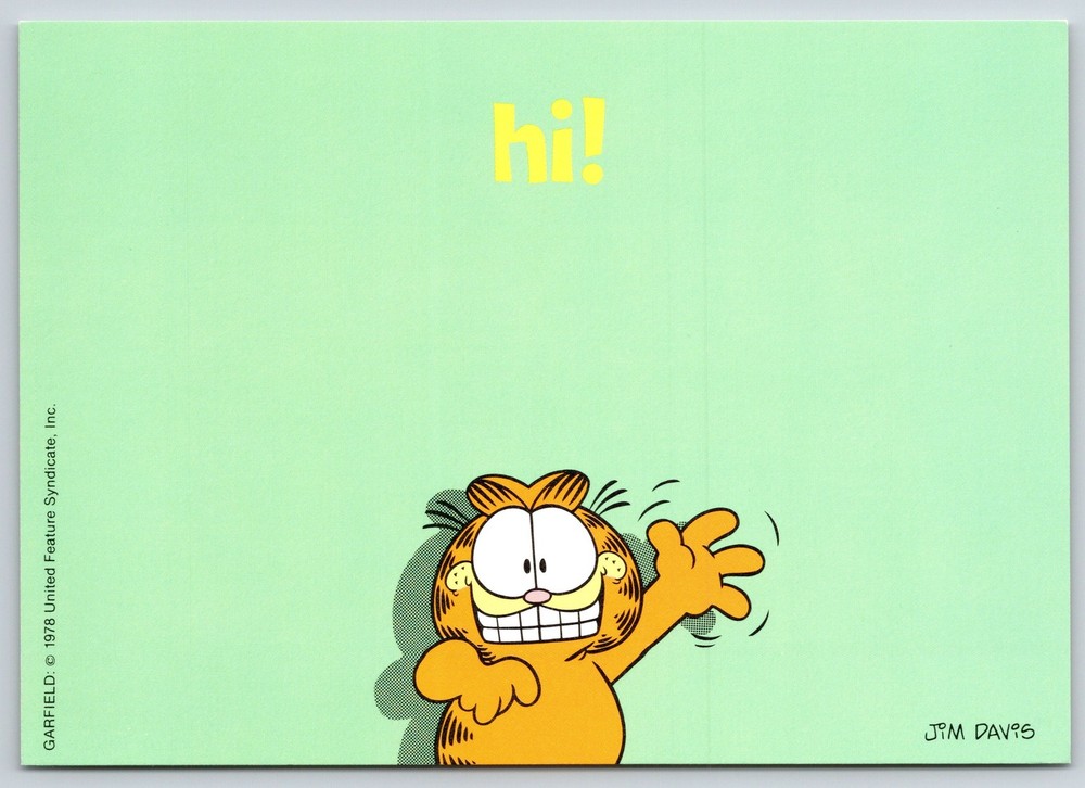 Garfield Comic~Jim Davis~Hi~Cat Waving On Green Background~Continental Postcard