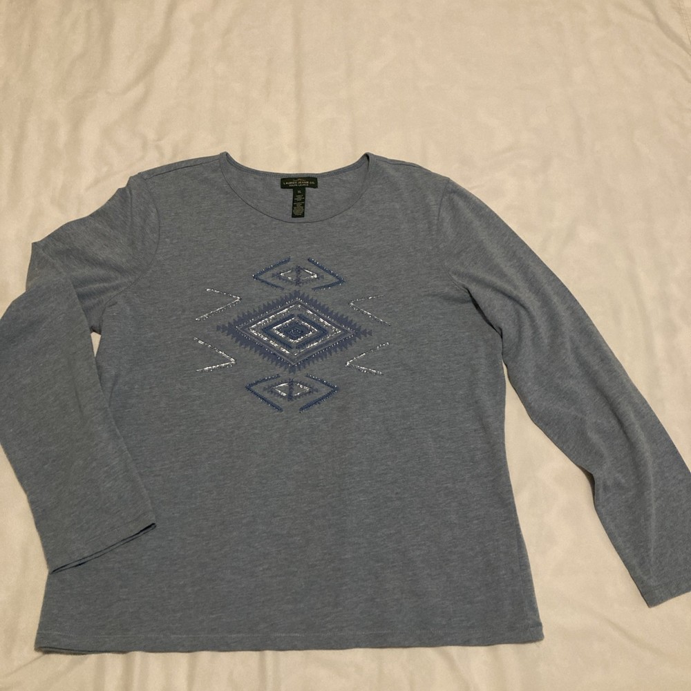Ralph Lauren Blue Native Applique Cotton T-Shirt Top Size XL, Soft, Long Sleeve
