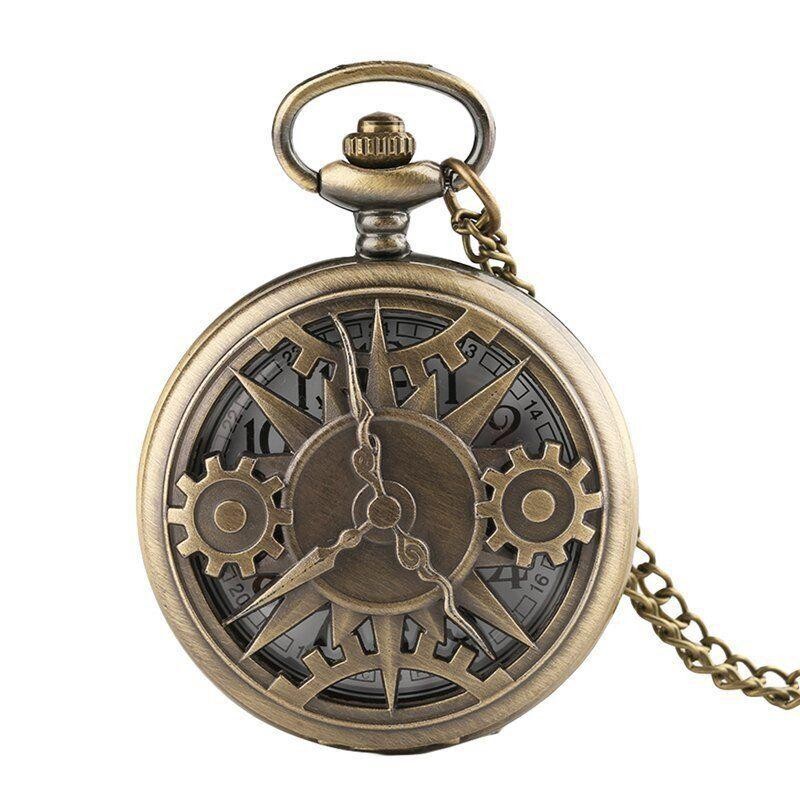 Retro Bronze Gear Quartz Analog Hollow Pocket Watches With Necklace Chain Gifts