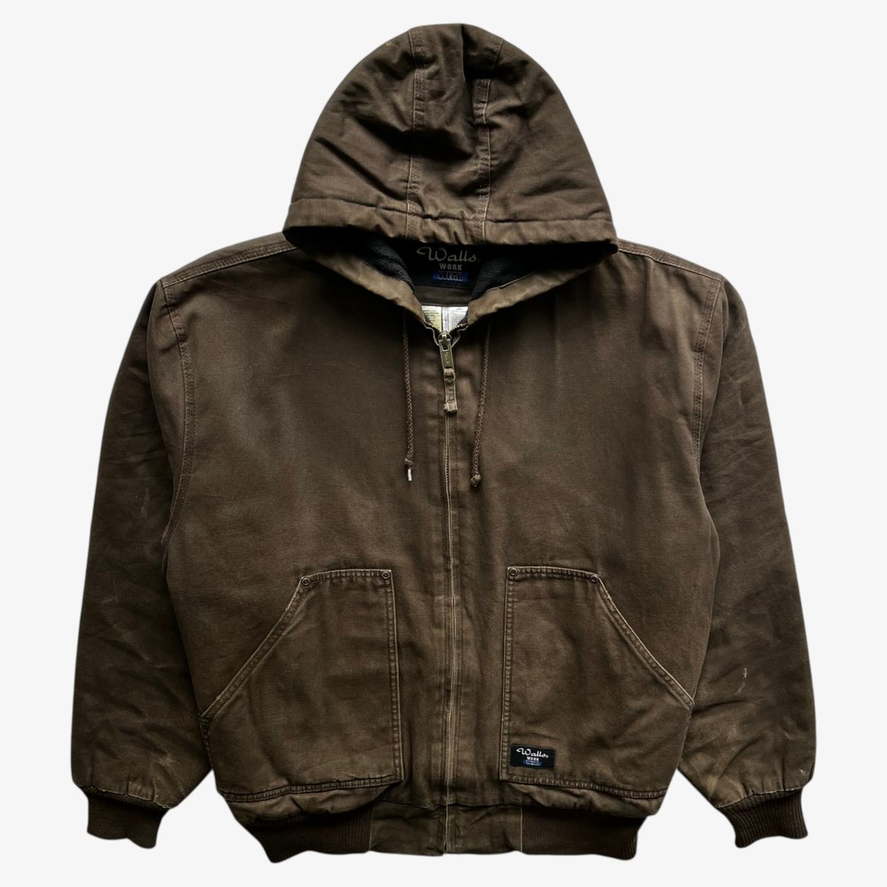Vintage 90s Men's Walls Brown Hooded Workwear Jacket, Retro Chore Y2K Skateboard