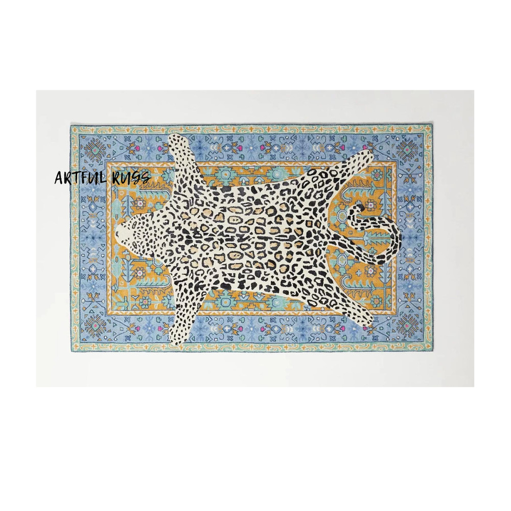 Octavia Leopard Blue & Gold Modern Hand-Tufted 100% Wool Area Rug Carpet
