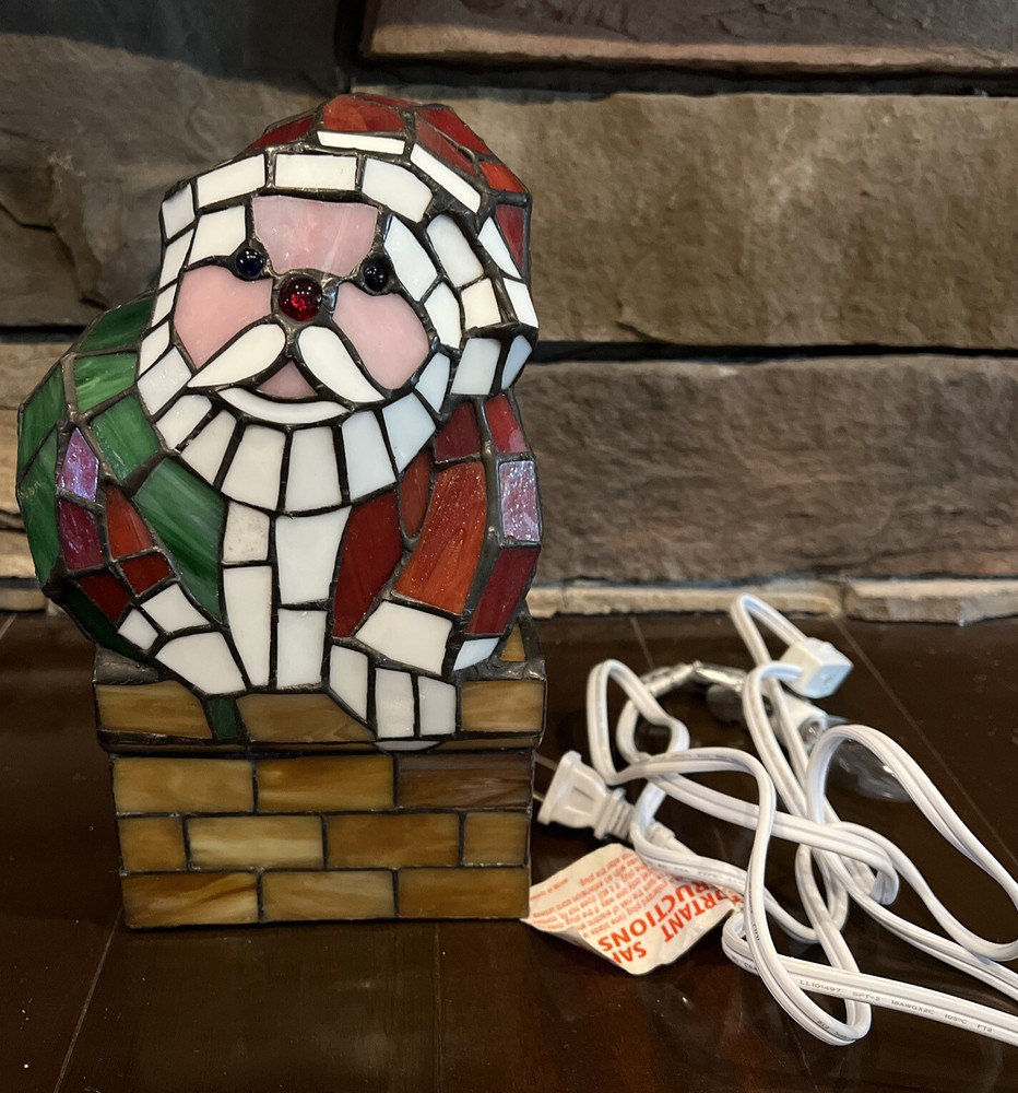 Santa Claus Chimney Tiffany Style Stained Glass Accent Lamp VTG Christmas-image
