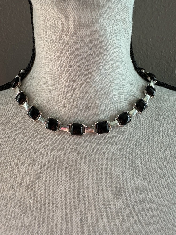 Vintage Carolina Herrera Black Onyx Enamel Silver Tone 18in Choker Necklace
