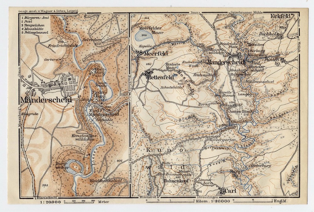 1911 Original Antique Map Of Manderscheid / Rhineland-Palatinate / Germany