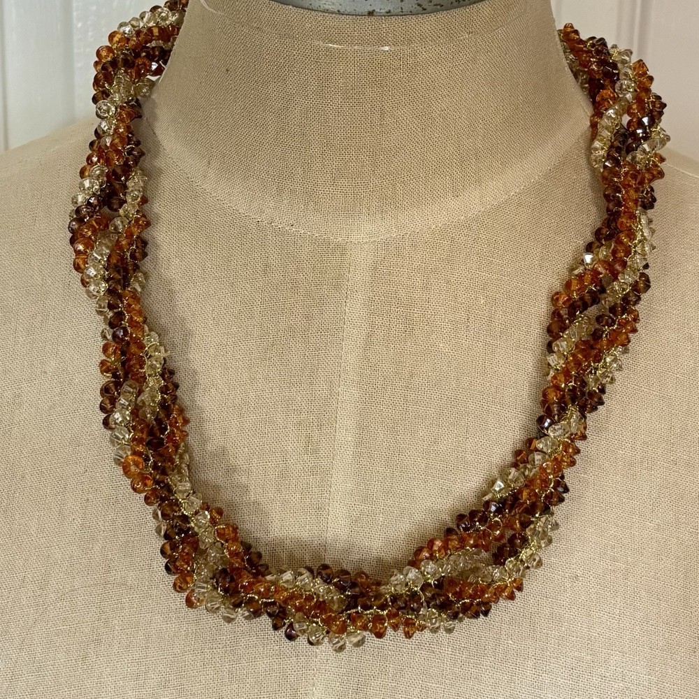 Vintage Japan Browns Double Strand Necklace Crochet Acrylic Bead Rope Hook Clasp