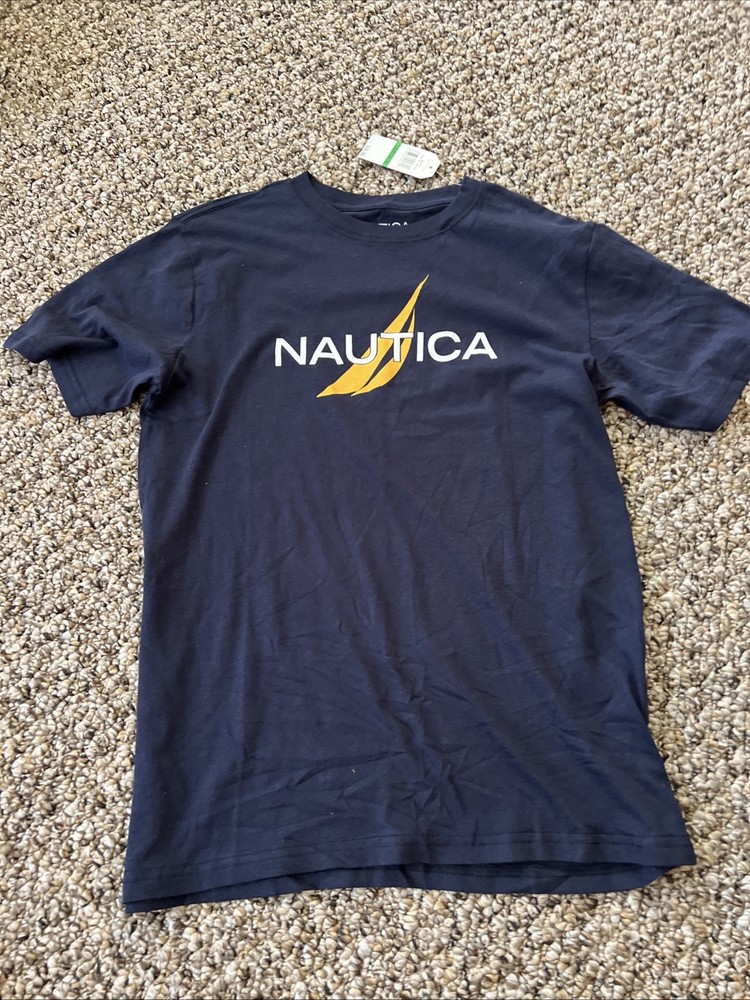Boys Navy Blue Nautica Cotton Tshirt Logo Shirt Short Sleeve 14/16 Yellow