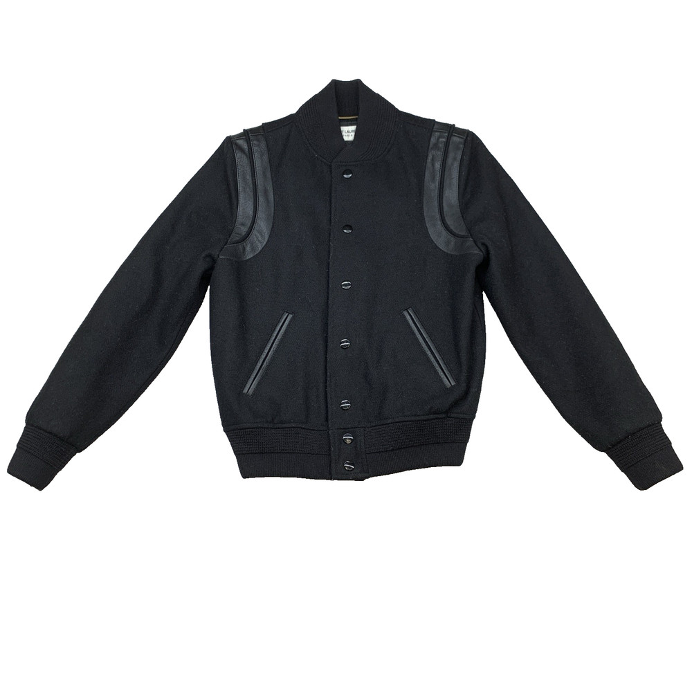 Saint Laurent Paris Teddy Varsity Jacket Black Wool Leather Trim Sz F34 - READ