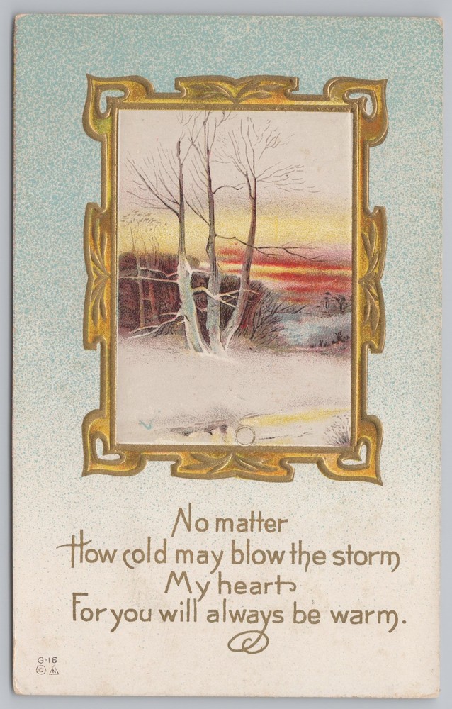 Greetings~Trees By Road In Winter & Rhyming Greeting~Vintage Postcard