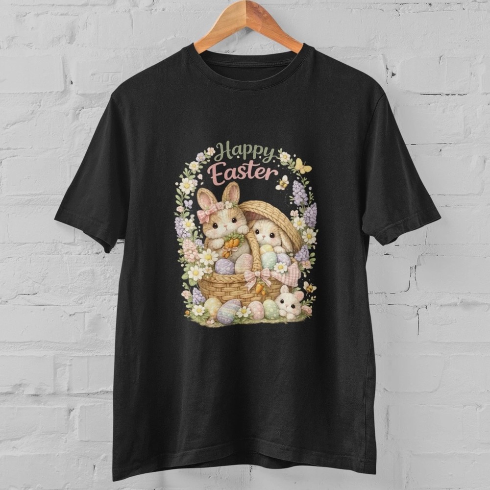 Happy Easter Bunny Shirt Vintage Floral Cute Spring Graphic Tee S-5XL Cotton
