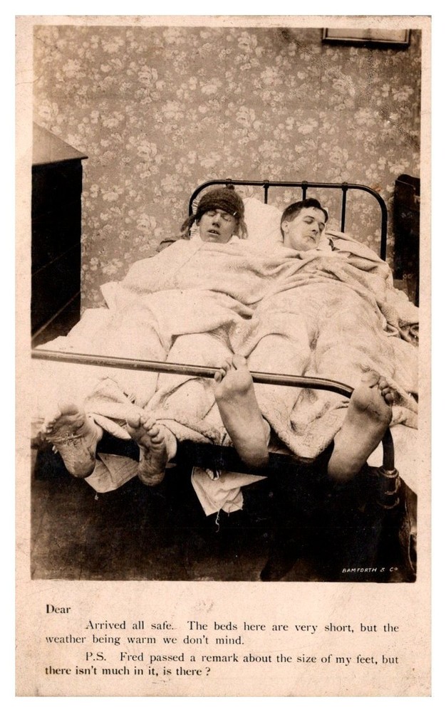 c1907 Two Silly Guys Sleeping In A Small Bed Vintage Funny Postcard