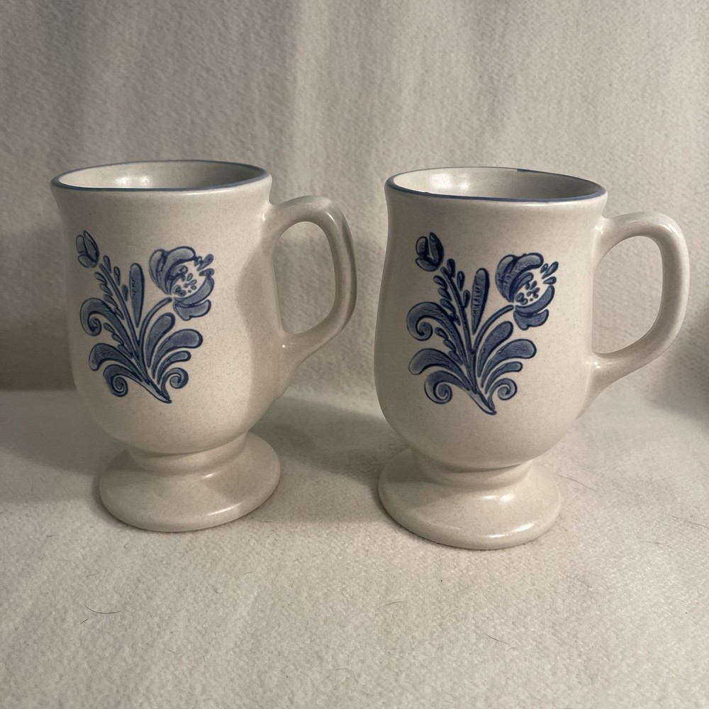 Vtg Pfaltzgraff Yorktowne Stoneware Pedestal Mug Blue Floral 9 Oz Set of 2