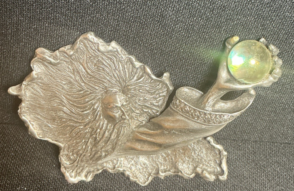 VTG JJ Jonette Pewter Merlin Wizard Sorcerer Figurine Crystal Ball Marble Brooch